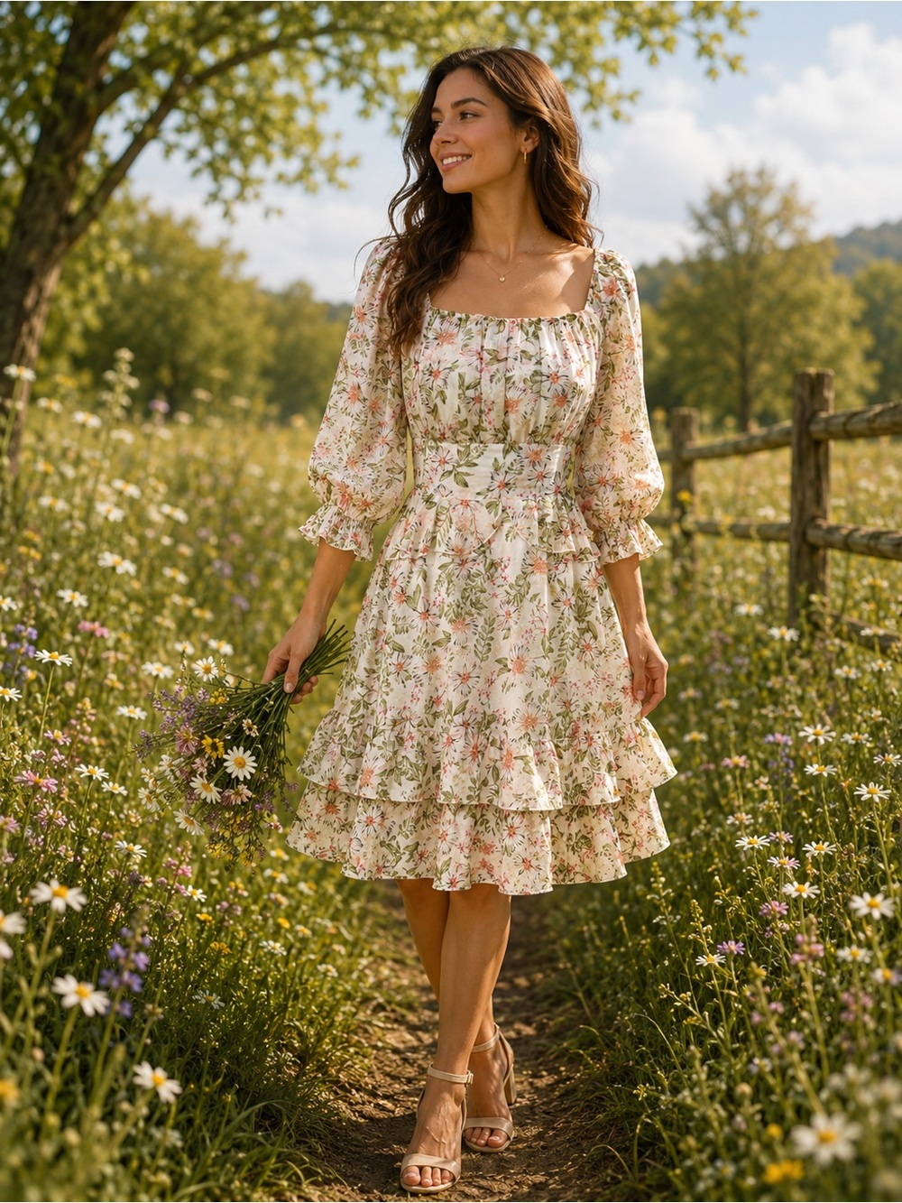 Floral Square-Neck Mini Dress in Cream and Pink